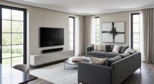 Stylish living room with a professionally mounted flat-screen TV, highlighting modern interior design