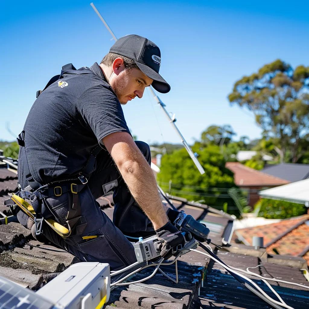 Professional technician installing a TV antenna on a rooftop in Blacktown, highlighting expert service and clear reception
