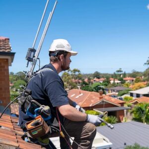 Professional technician installing a TV antenna on a rooftop in Blacktown