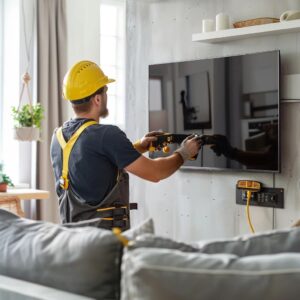 Technician mounting a flat-screen TV in a modern living room, showcasing professional installation services