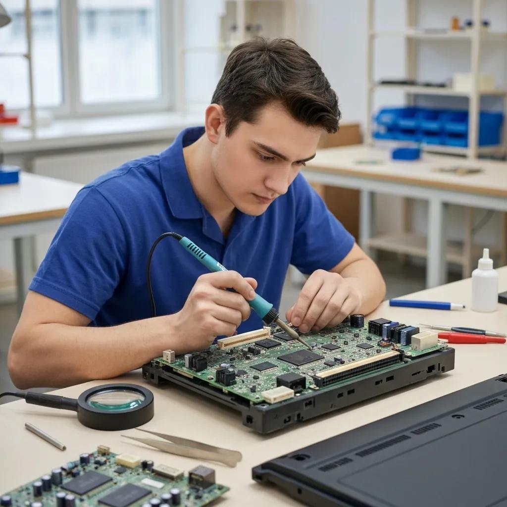 Technician carefully reflowing circuits on a TV motherboard, demonstrating the TV repair process