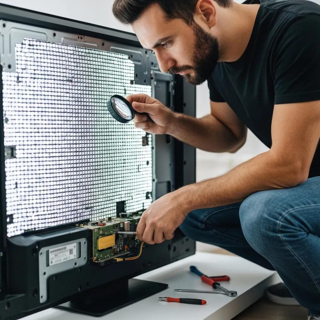 Technician examining pixelation on a TV screen, illustrating common TV problems