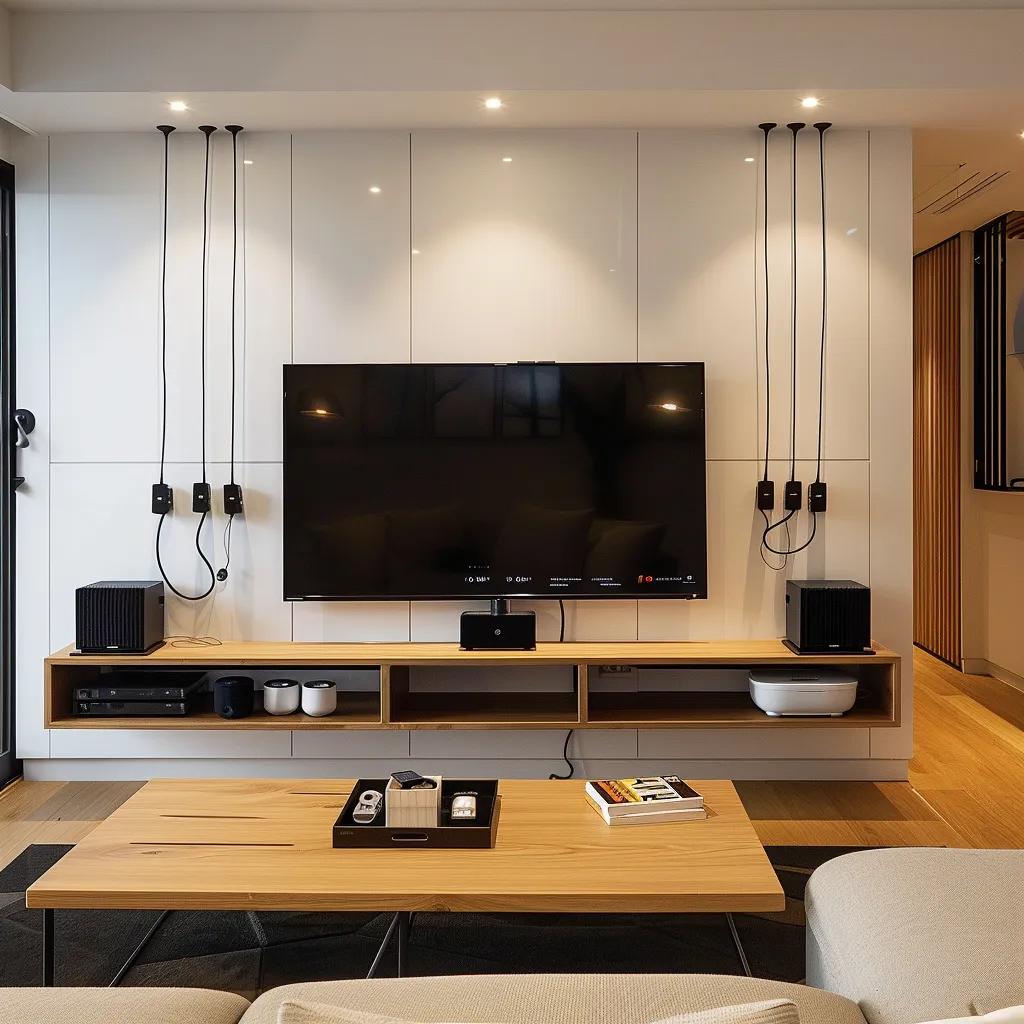 A beautifully neat and organised cable management system behind a wall-mounted TV, creating a stylish and clutter-free living room.