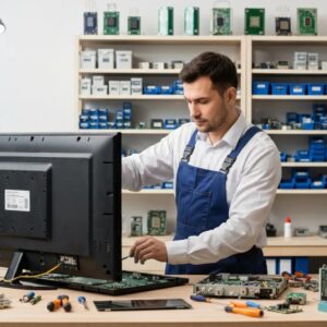 Skilled technician fixing a flat-screen TV in a workshop, highlighting expert TV repair services