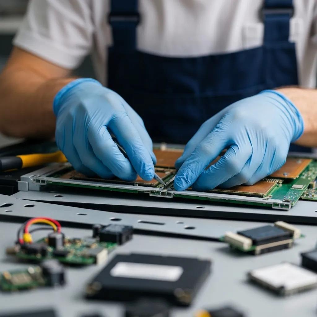 Technician carefully replacing a TV screen part, showing the screen repair process in action