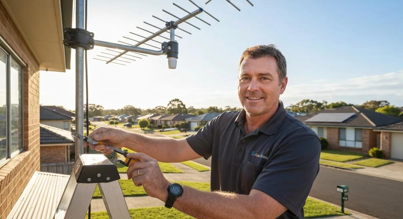 Technician fine-tuning a TV antenna to fix common reception problems in a suburban Blacktown setting