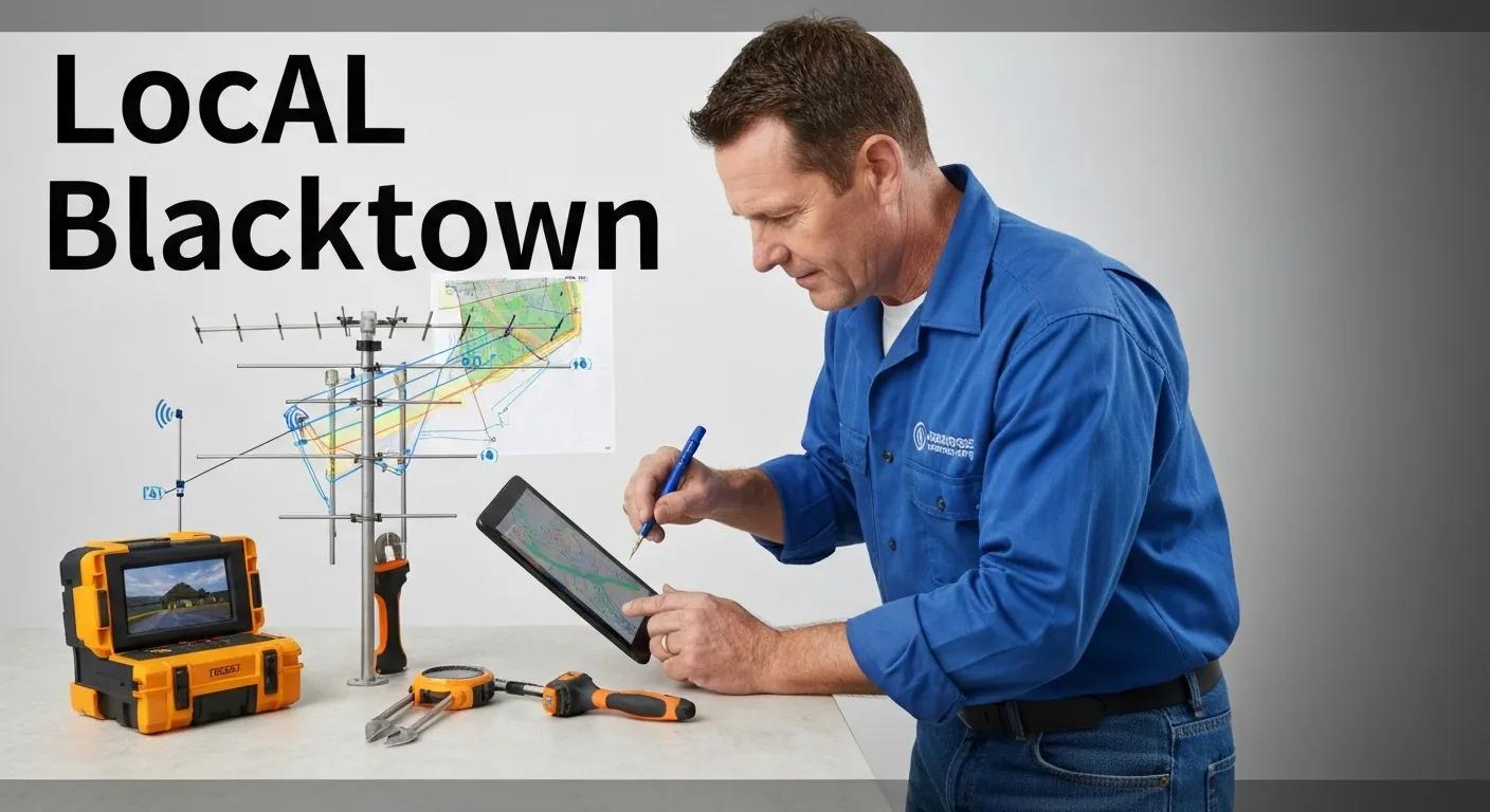 Local technician examining digital signal maps to guide TV antenna installation in Blacktown, showcasing local expertise