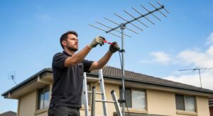 Skilled technician expertly fitting a TV antenna atop a Blacktown residence, ensuring top-notch digital reception